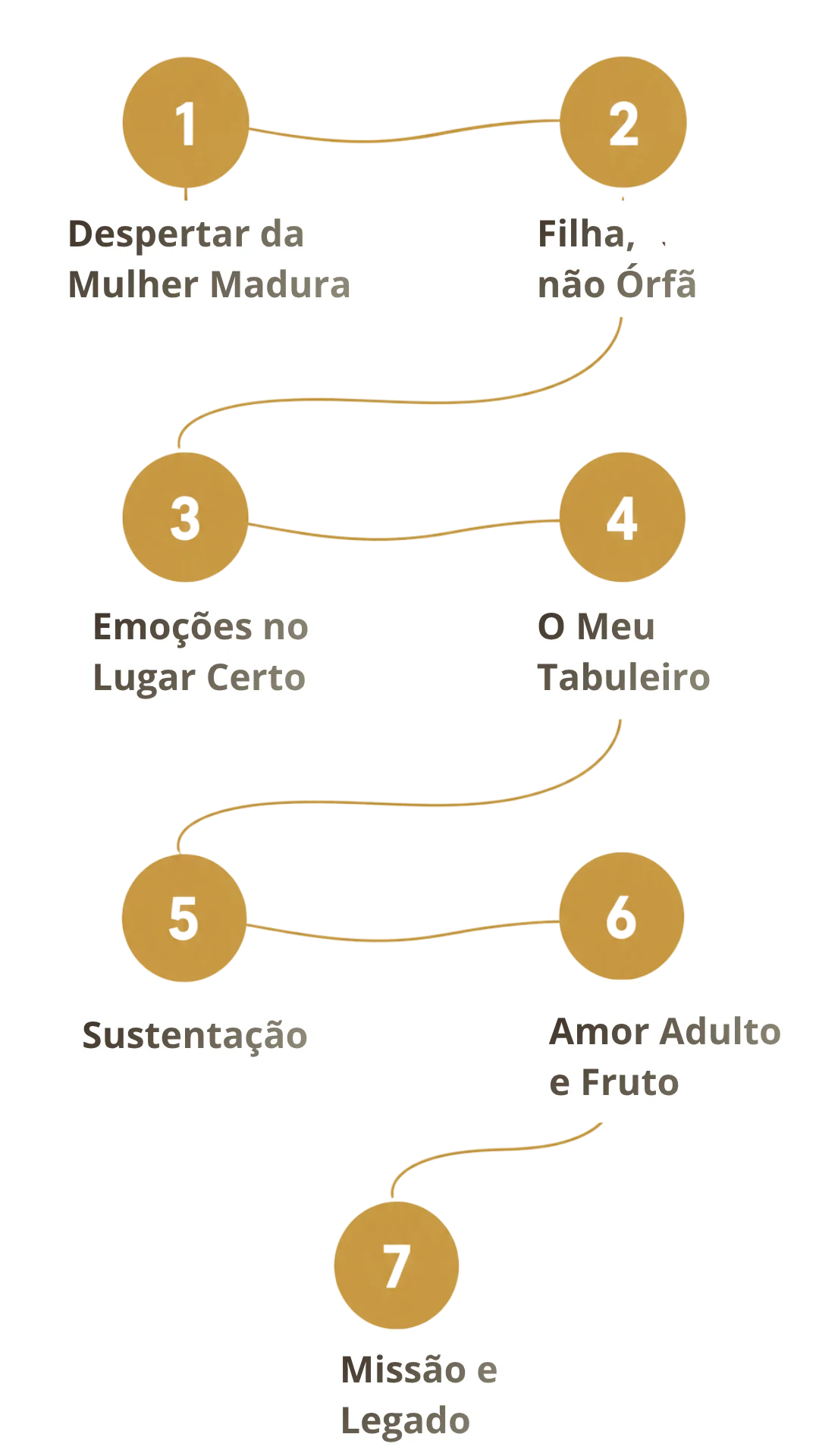 Diagrama das 7 áreas fundamentais da mulher memorável: Despertar da Mulher Madura, Filha Não Órfã, Emoções no Lugar Certo, O Meu Tabuleiro, Sustentação, Amor Adulto e Fruto, Missão e Legado